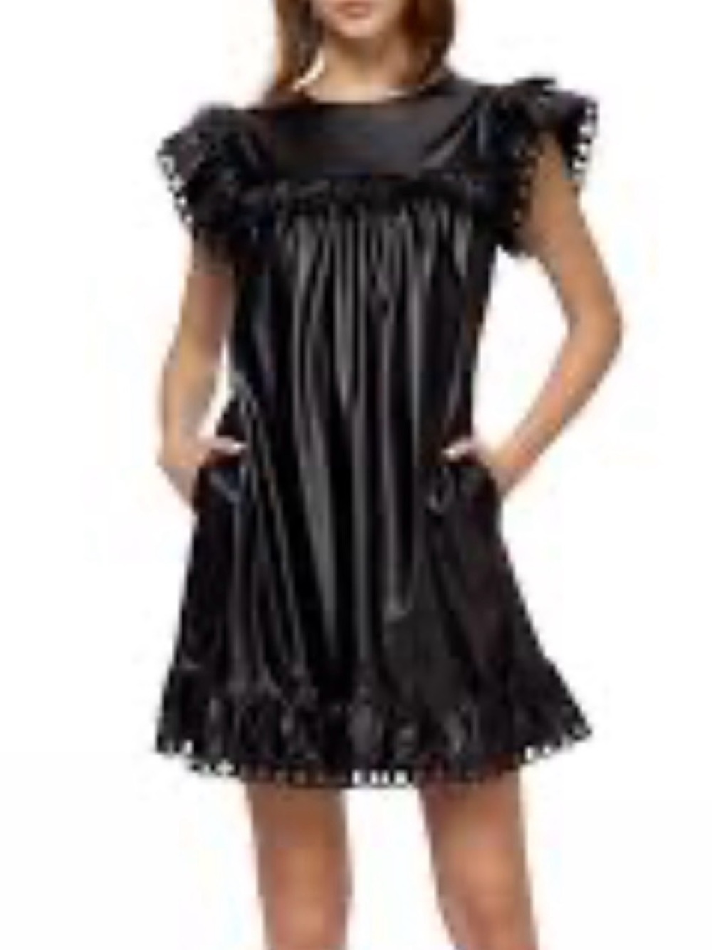 Stellar Black Ruffle Sleeve Faux Leather Mini Dress
